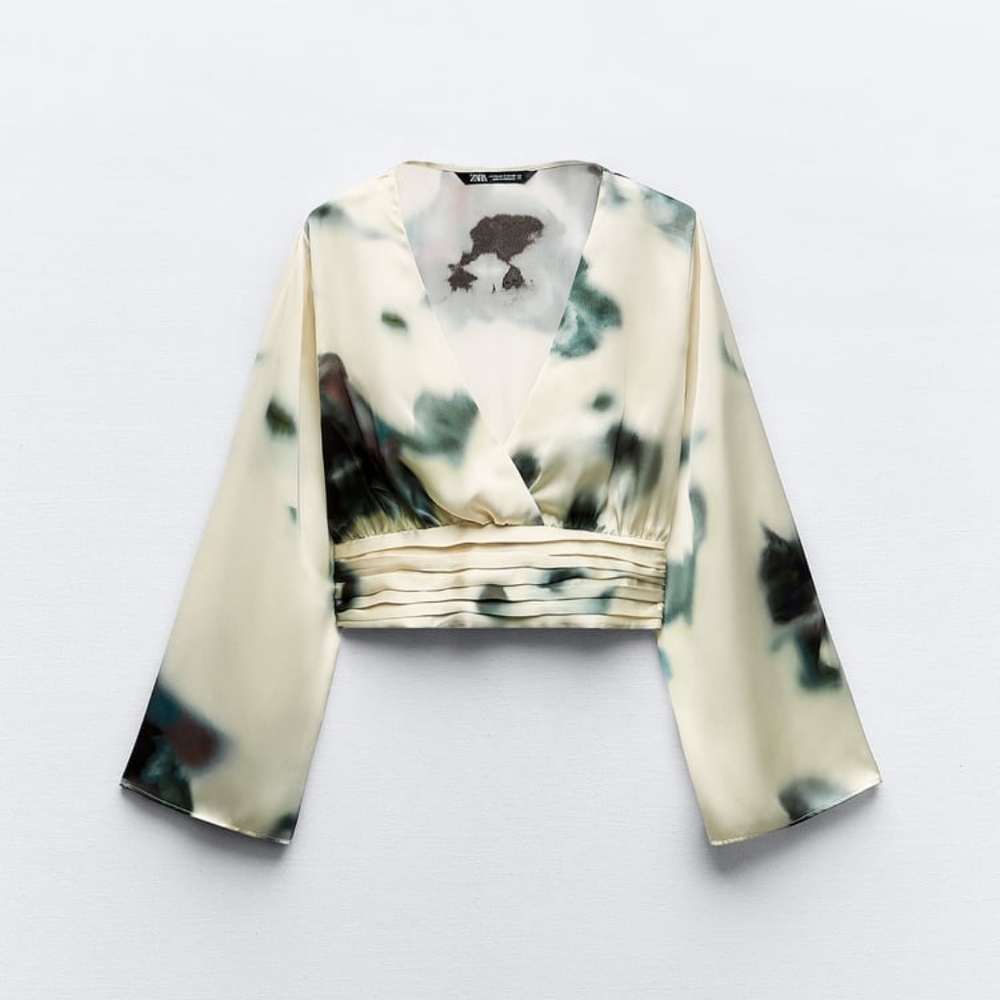 NWT ZARA V NECK TIE DYE PRINT CROPPED TOP BLOUSE XS